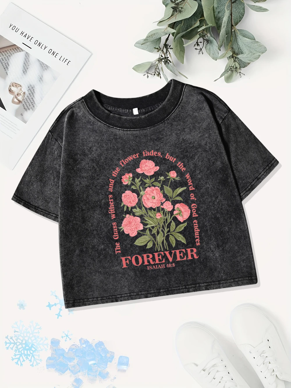 Street Cotton Crop Tops Damen Rosa Schöne Blumen Druck Gewaschene T-Shirts Sexy O-Ausschnitt Regular Fit Streetwear Sommerkleidung