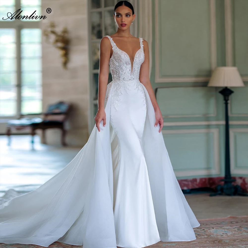 Alonlivn Alluring And Romantic Luxurious Bridal Gown Femininely Structured Spaghetti Straps Mermaid Wedding Dresses