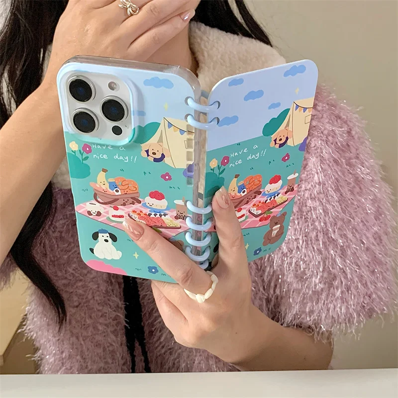 Unique Design Creative Imitation Page Flip Notebook Spring Picnic Animal Phone Case for iPhone 12 13 14 15 16 pro max