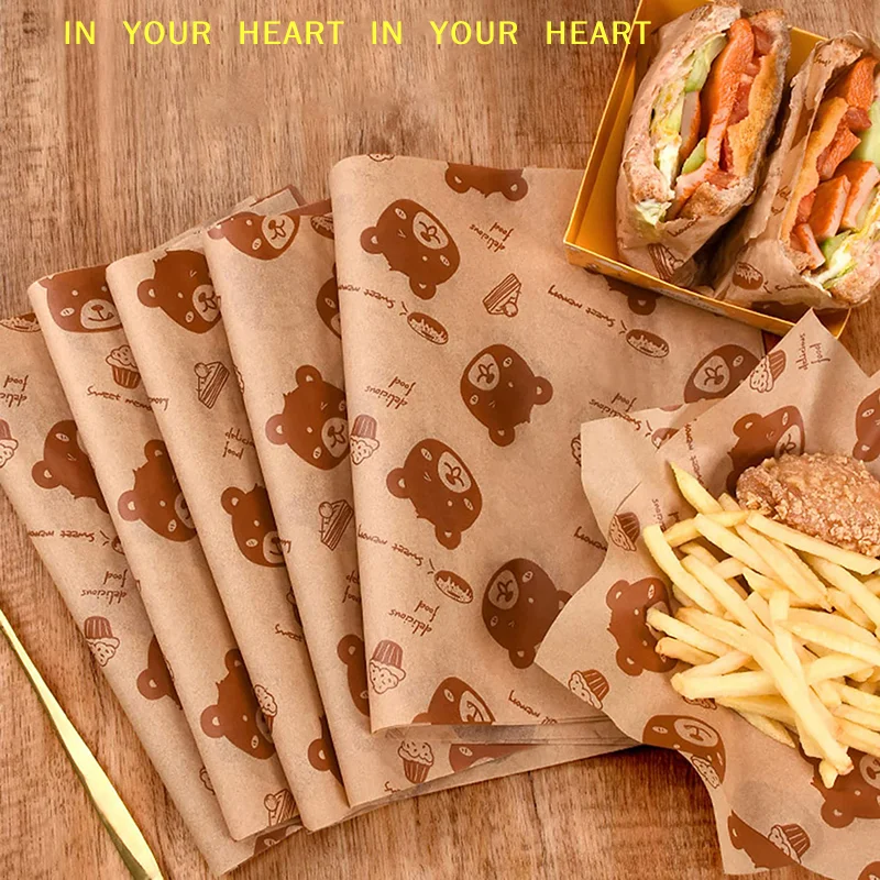 50pcs Sandwich Packaging Paper Cartoon Coated Wrapping Disposable Household Oil-proof Chicken Roll Breakfast Baking Kitchen Tool