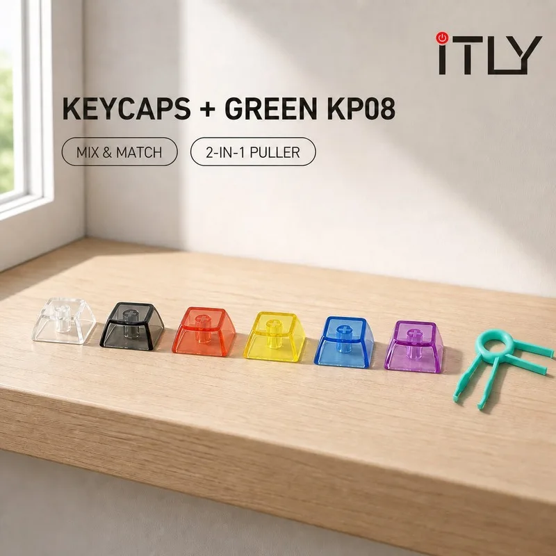 iTLY Square Transparent Keycaps Custom Mechanical Keyboard Replacement Key Cap, Free KP08 Green Keycap Puller Included