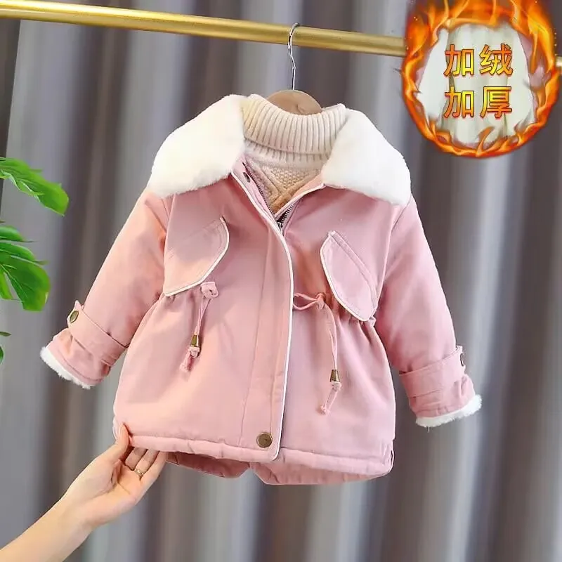 Girls\' Baby Winter Coat Thickened and Warm Girls\' Mid length Windbreaker New Children\'s Winter Fashionable Cotton Jacket