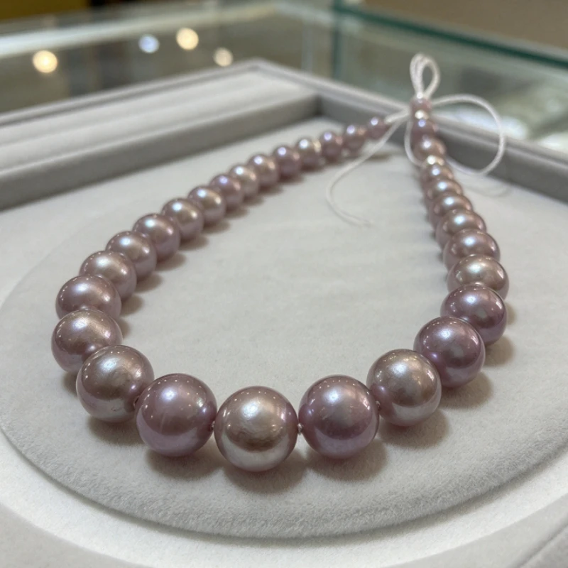 Elegant Purple Round Pearl Necklace, 12-14mm Pearls, Single Strand, 925 Sterling Silver