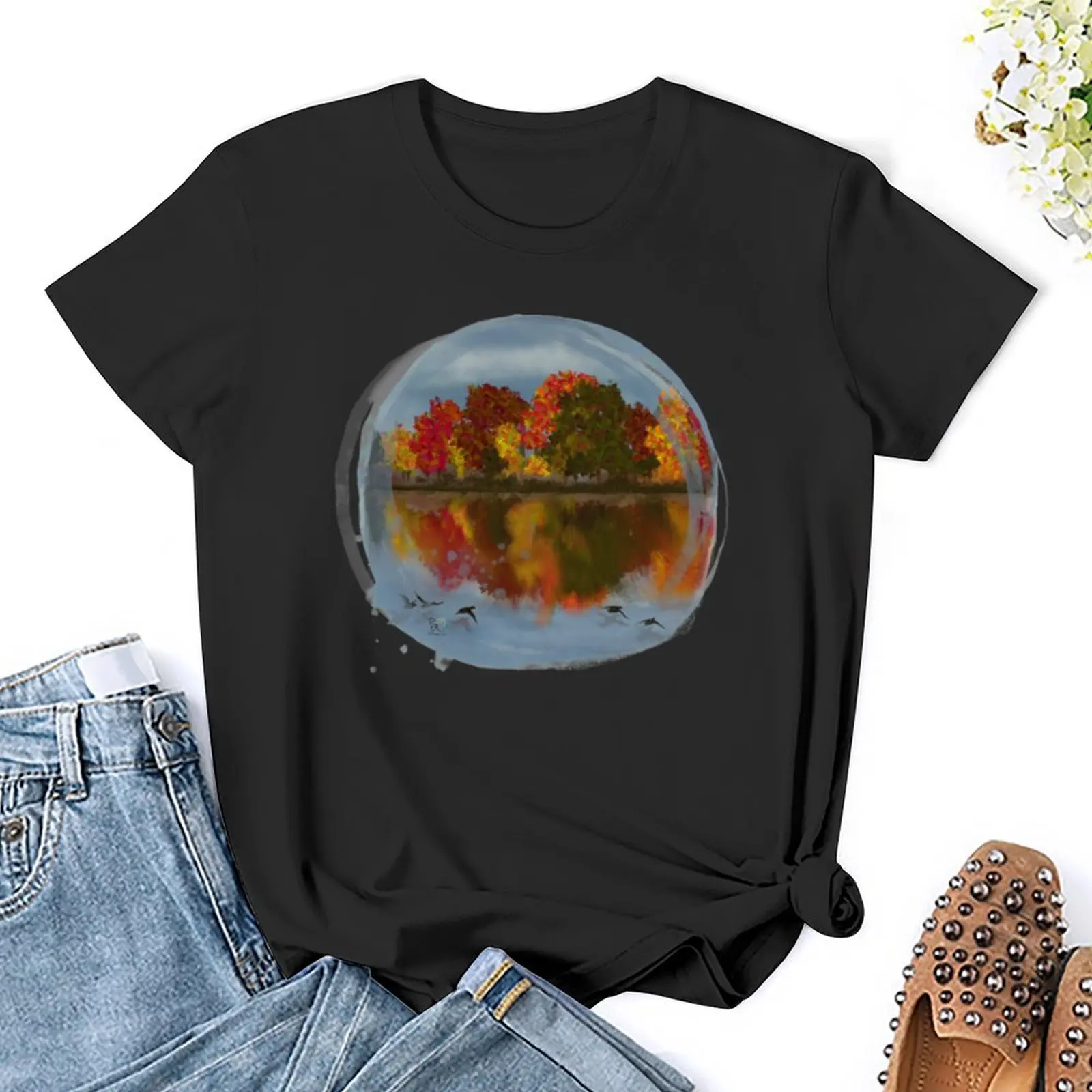 Autumn Days - Watching The Ducks Fly Over The Water - Original Art Painting T-Shirt hippie clothes tops Women clothing
