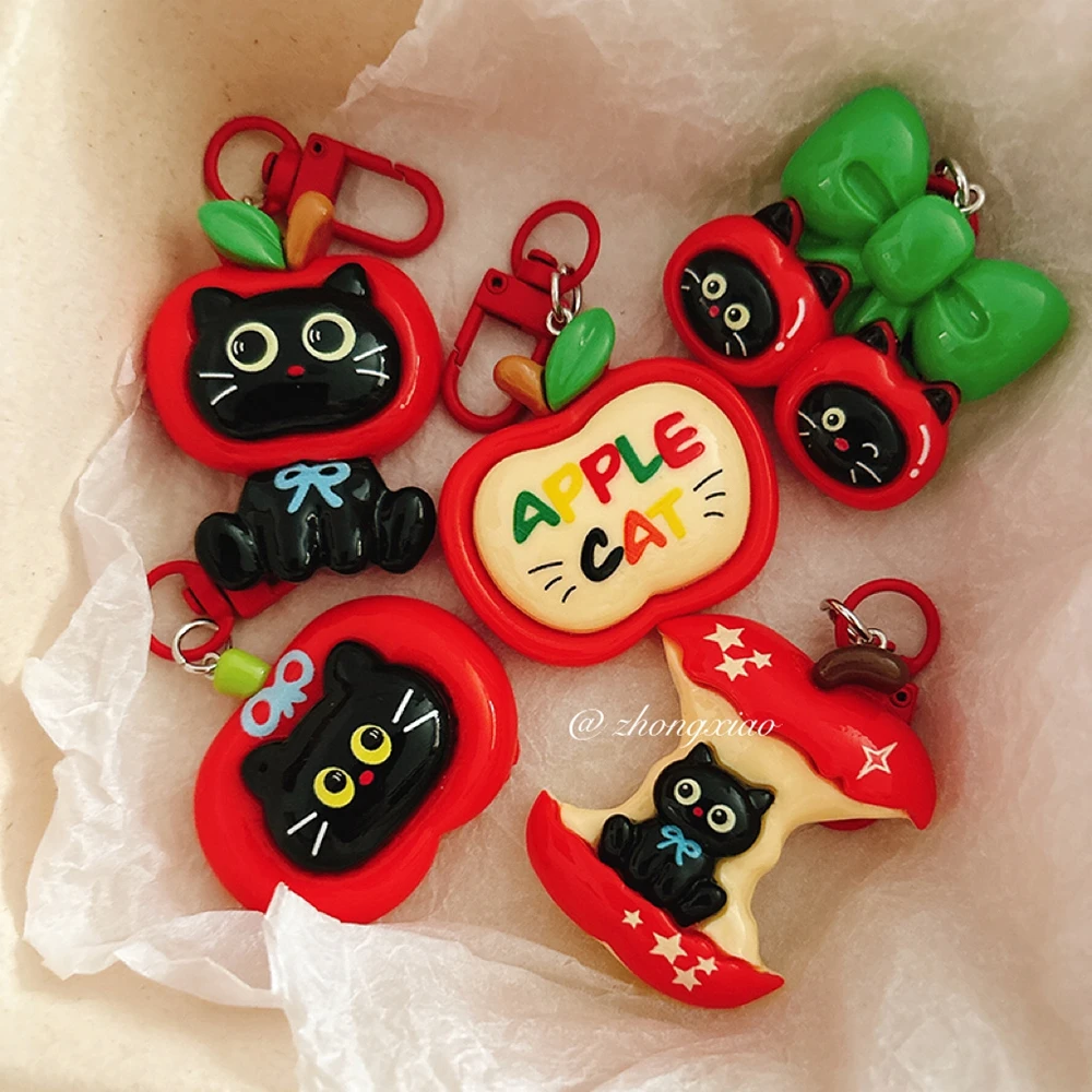Cute Apple Black Cat Keychain Cartoon Resin Bag Charm Mini Key Ring Aesthetic Backpack Pendant Holiday Gift For Girls Women - view 2