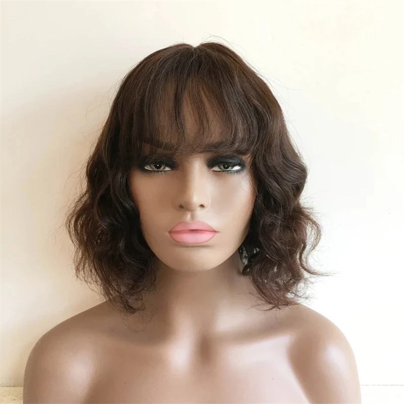 

Brown Blonde Ombre Natural Human Hair Wigs for Women Short Curly Remy Human Hair Wigs with Bangs 12 inch Bob Wigs For Women