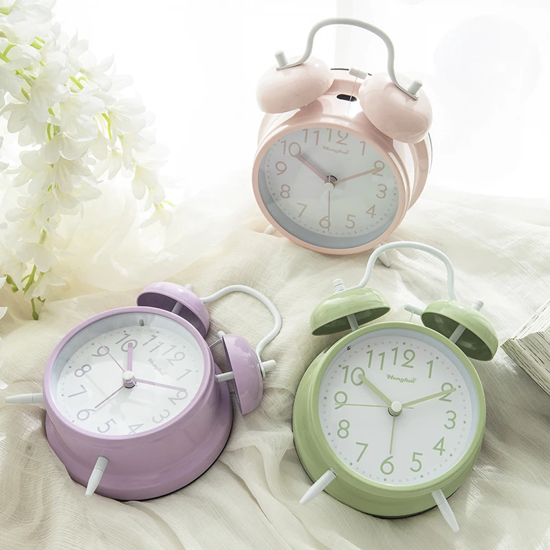 Warm Candy-colored bell alarm clock table loud lazy bedside night light silent simple fashion for primary and secondary school