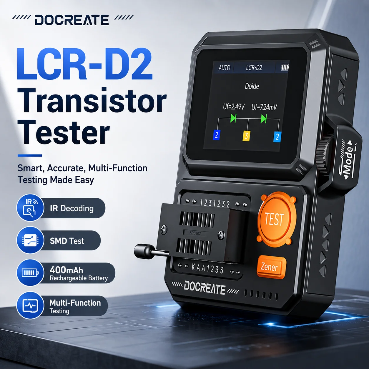 DOCREATE LCR-D2 Transistor Tester Smart Component Tester With IR Decoding SMD Test 400mAh Rechargeable Battery