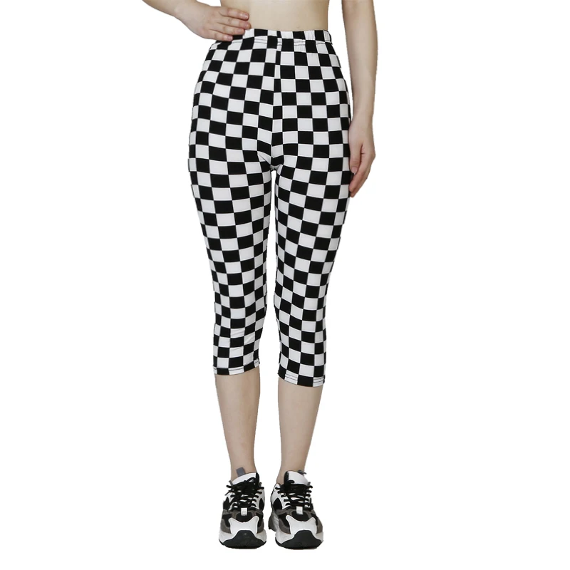 QR82 Black and White Checkered WOMEN\'S Pants, Cropped Pants, Elastic Waist Leggings, Soft Summer Leggings