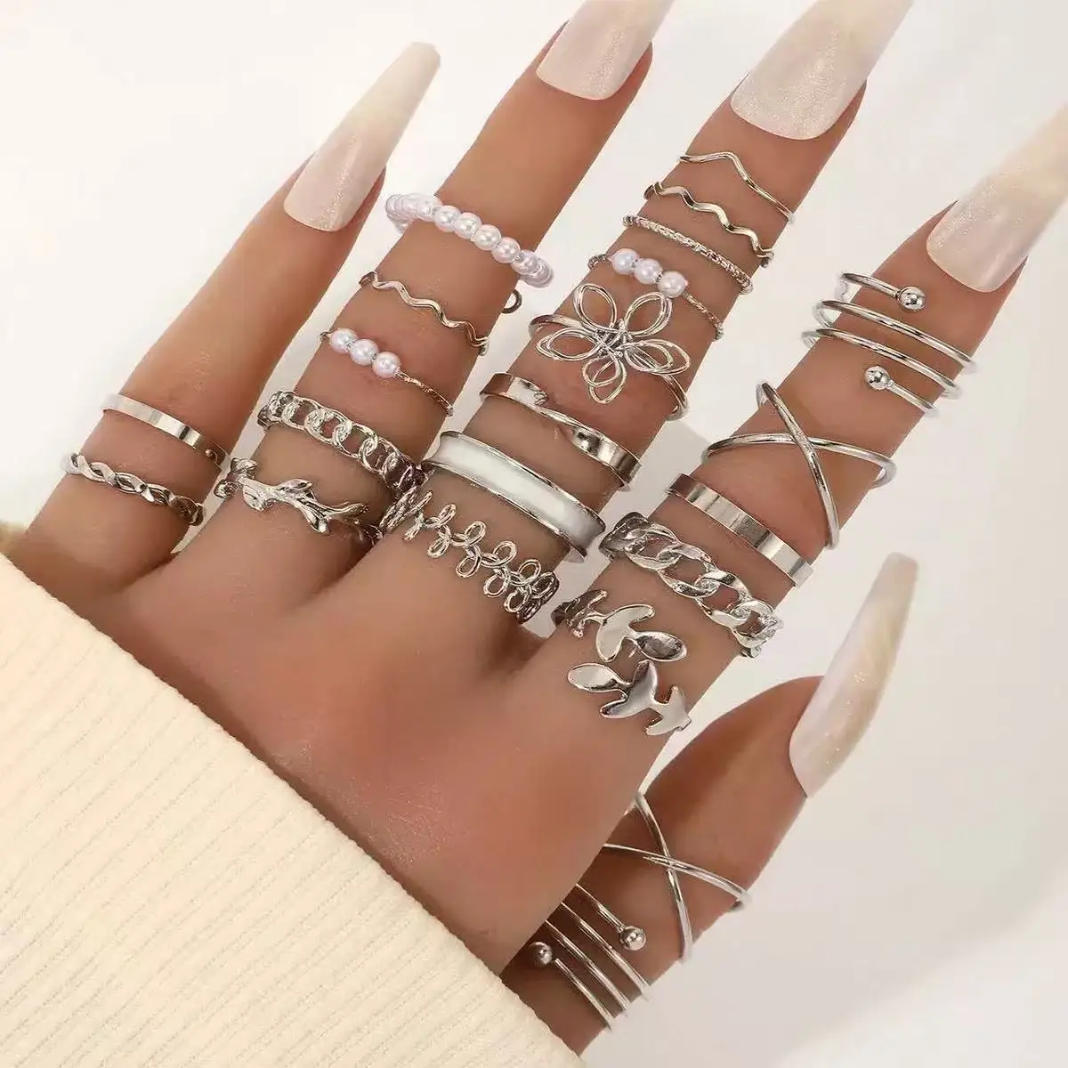 22Pcs/Set Bohemian Style Faux Pearl Vintage Leaves Layered Cross Geometric Multi-Element Ring Suitable For Women's Daily Wear