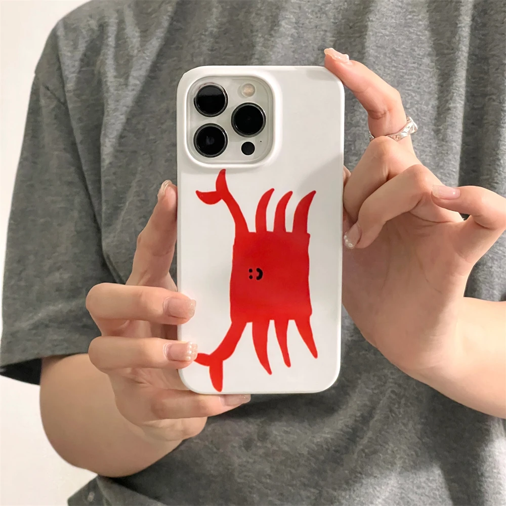 Ins Korean Cute Simple Graffiti Red Crab Phone Case for iPhone 16 15 14 13 12 11 Pro Max XS XR XSMax 6 7 8 Plus Glossy HD Cover