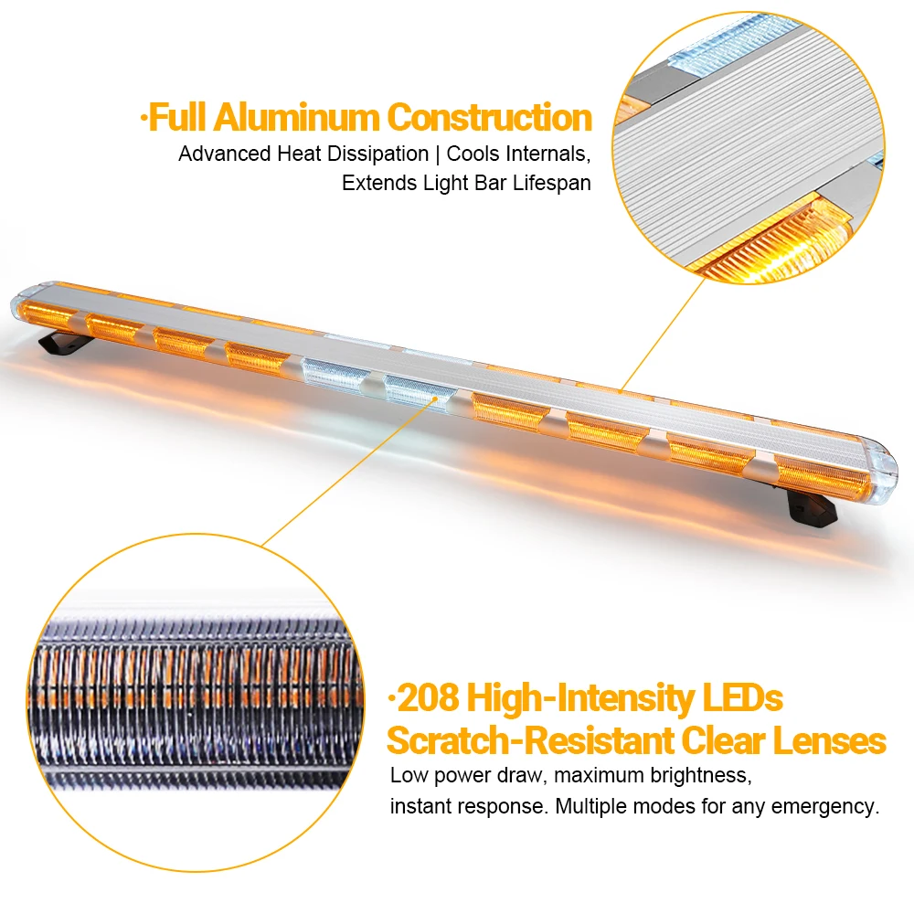 49 Inch 208W Strobe Flashing Emergency Amber Beacon Light Bar 12-24V P67 Waterproof Warning Light