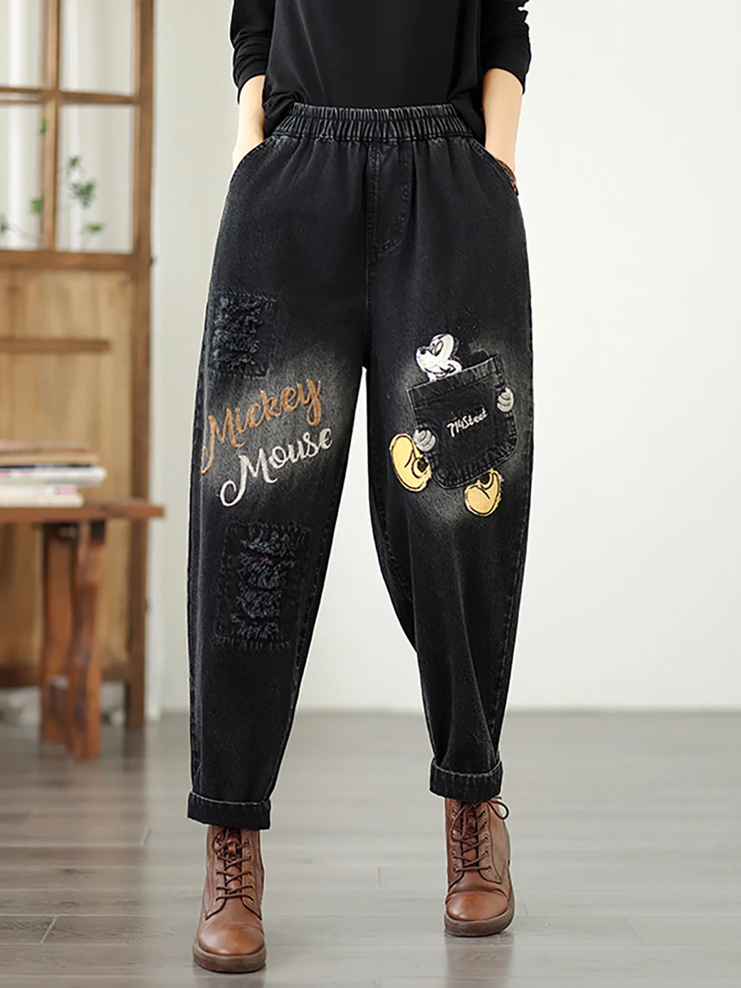 

Retro Loose plus Size Embroidered Denim Jeans Autumn Versatile High Waist Casual Nine Point Harlan Old Dad Pants