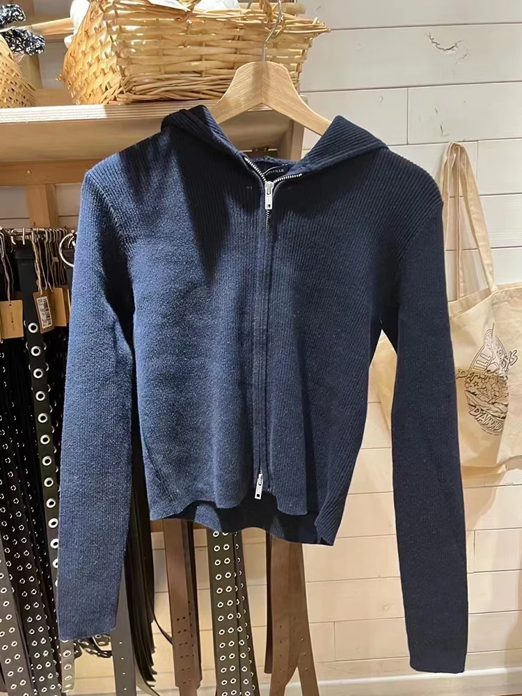 Solid Vintage Knitted Hooded Cardigan Women Autumn Cotton Double Zipper Casual Cardigans Y2k Streetwear Slim Short Sweater Tops