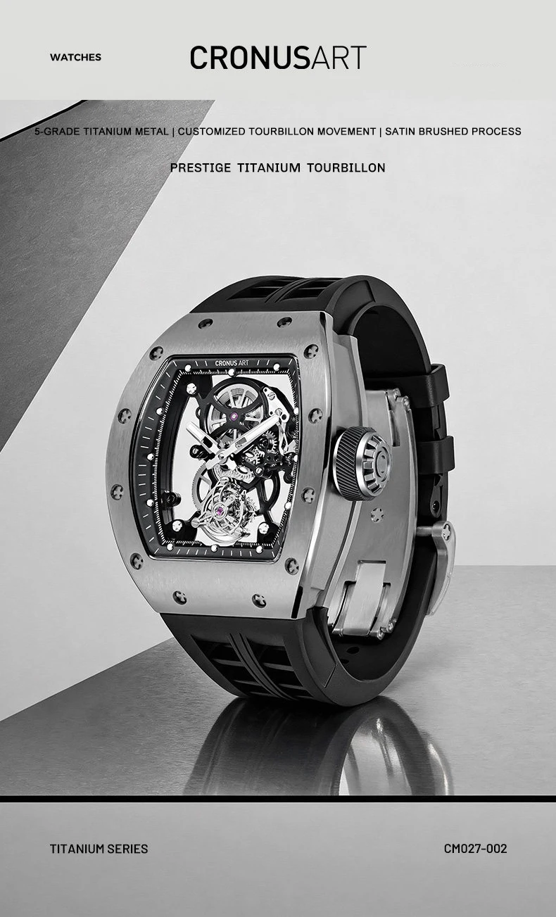 CRONUSART Men Tourbillon Watch Tonneau Mechanical Wristwatch Titanium Case Luminous Sapphire Fluororubber Strap Skeleton Dial