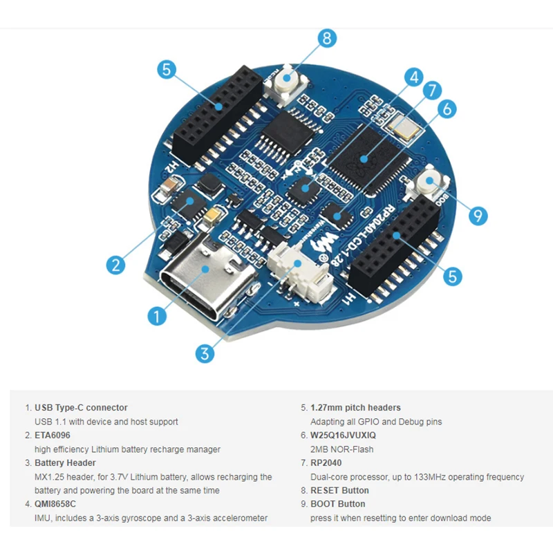 Papan Genggam Raspberry Pi RP2040 MCU Modul Display LCD Bundar 1.28 Inci Sensor Layar SPI/Akselerometer/Giroskop