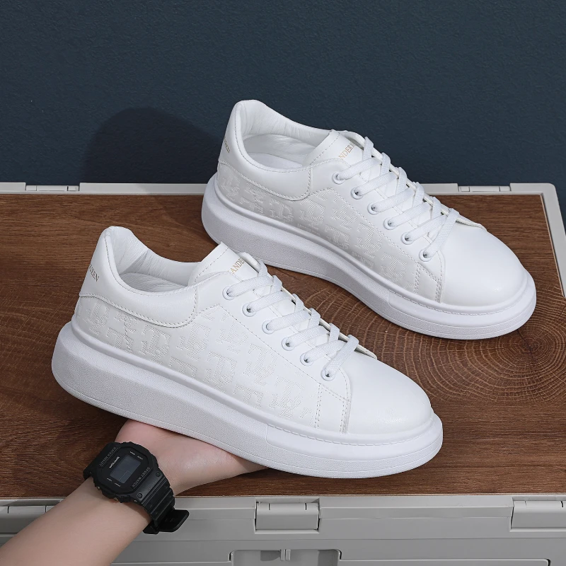 남성용 레이스업 캐주얼 스니커즈, 높이 조절 보드 신발, 다목적 가죽 두꺼운 밑창 머핀 신발, 2024 신상