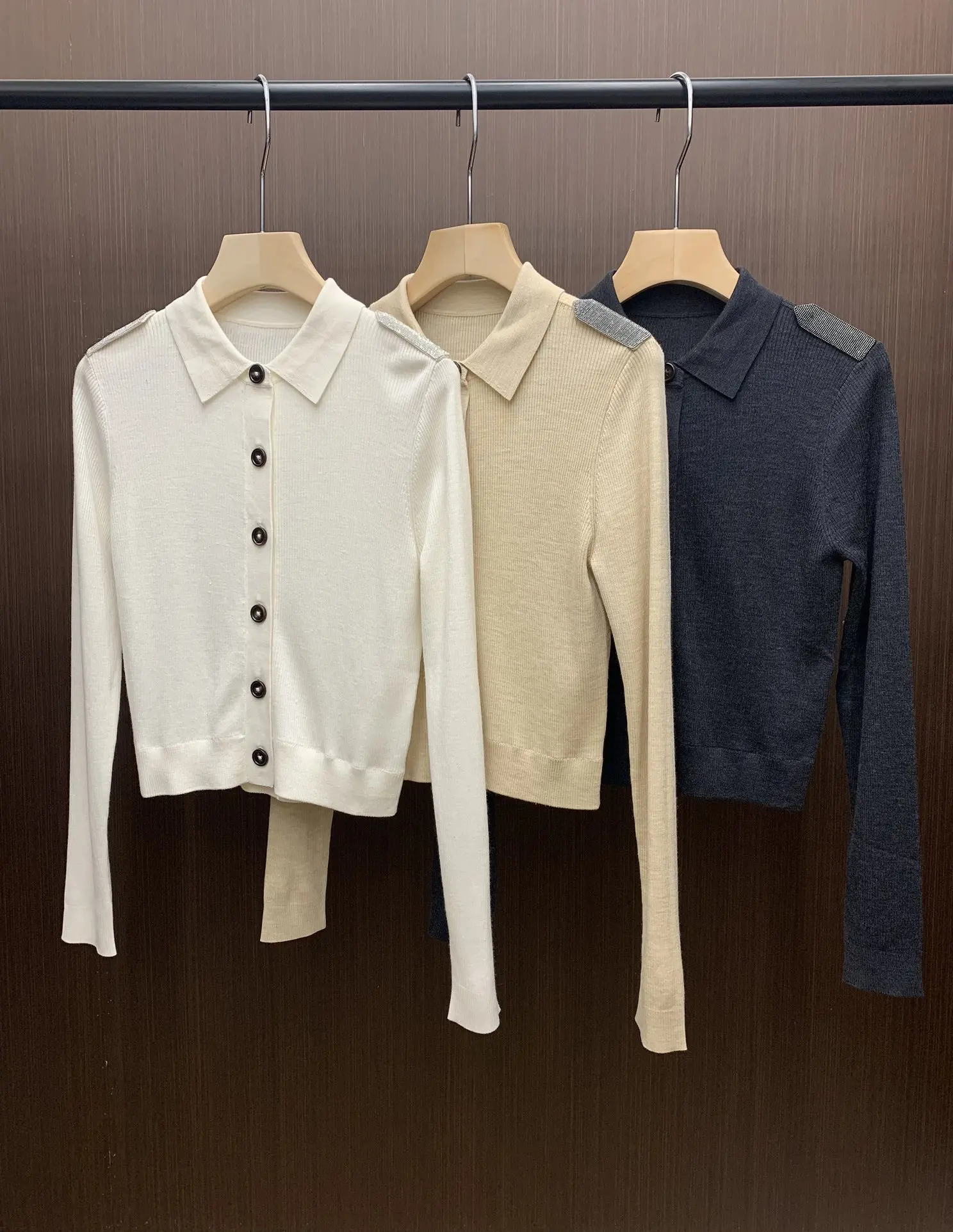 

24 B*C Spring and Summer Solid Color Thin Knitted Cardigan Polo Lapel Silk Wool Long Sleeve Short Knitted Cardigan Women