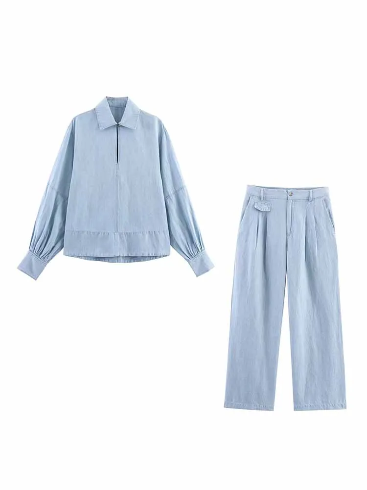 

Европейский и американский стиль, осенняя новая модная тенденция, простая женская джинсовая рубашка с длинными рукавами, топ, брюки с высокой талией