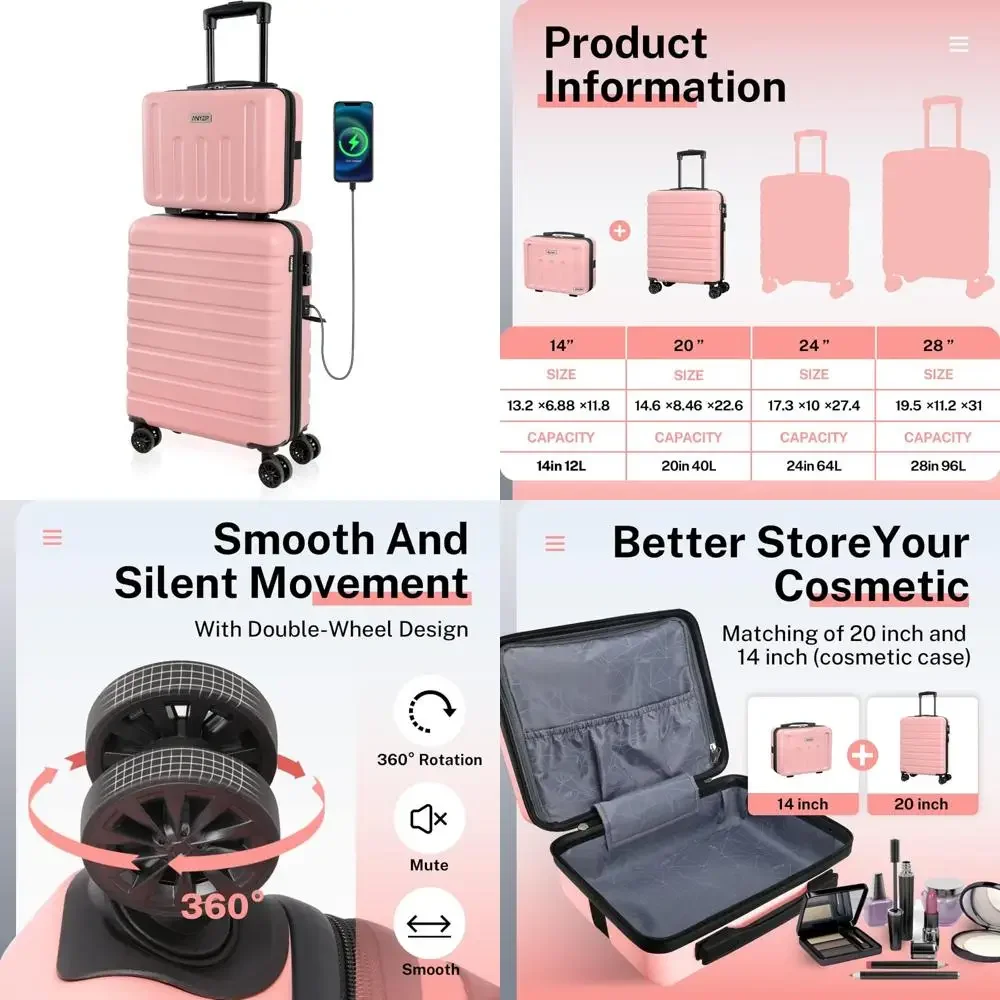 

Lightweight Hardside PC ABS Carry-On Luggage Set with USB Port, 20-Inch Suitcase and 14-Inch Mini Cosmetic Cases for Travel