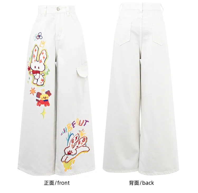 White Women's Jeans Cartoon Print High Waist Straight Jeans Wide Leg pant Loose Pocket Casual Pants Women 2025 New Summer