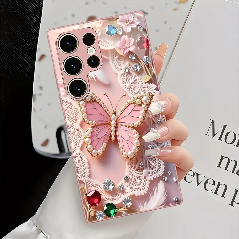 Pink 2D Butterfly Metallic Glass Phone Case Suitable for Samsung GalaxyS26 S25 S24 S22 S21 S20FE/Ultra/Plus Anti Drop Rear Cover