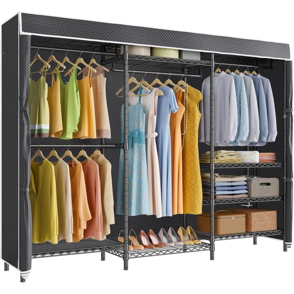 

Portable Heavy-Duty Metal Clothes Rack with Adjustable Shelves and Polyester Cover, Max Load 1040LBS