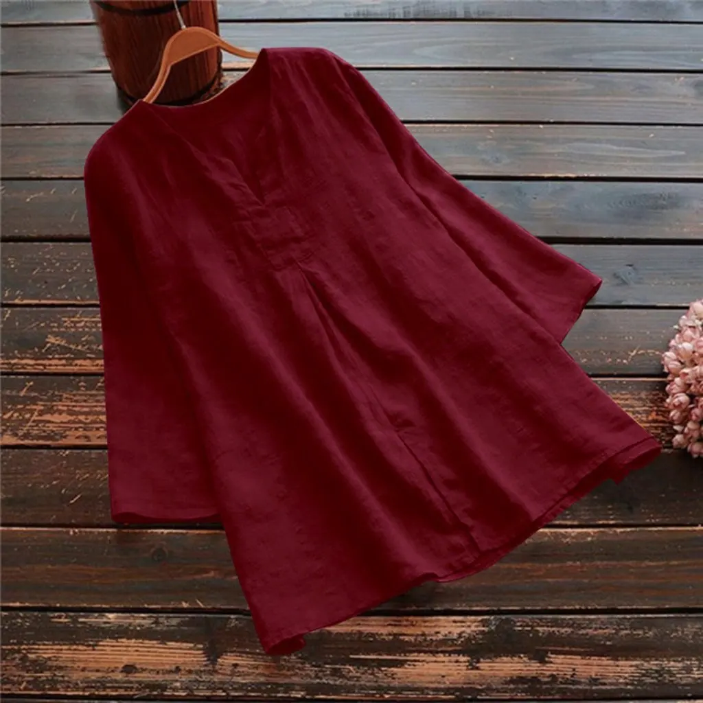 

Women's Solid Color Cotton Linen Blend Casual Top Loose Fit Patch Detail European American Style for