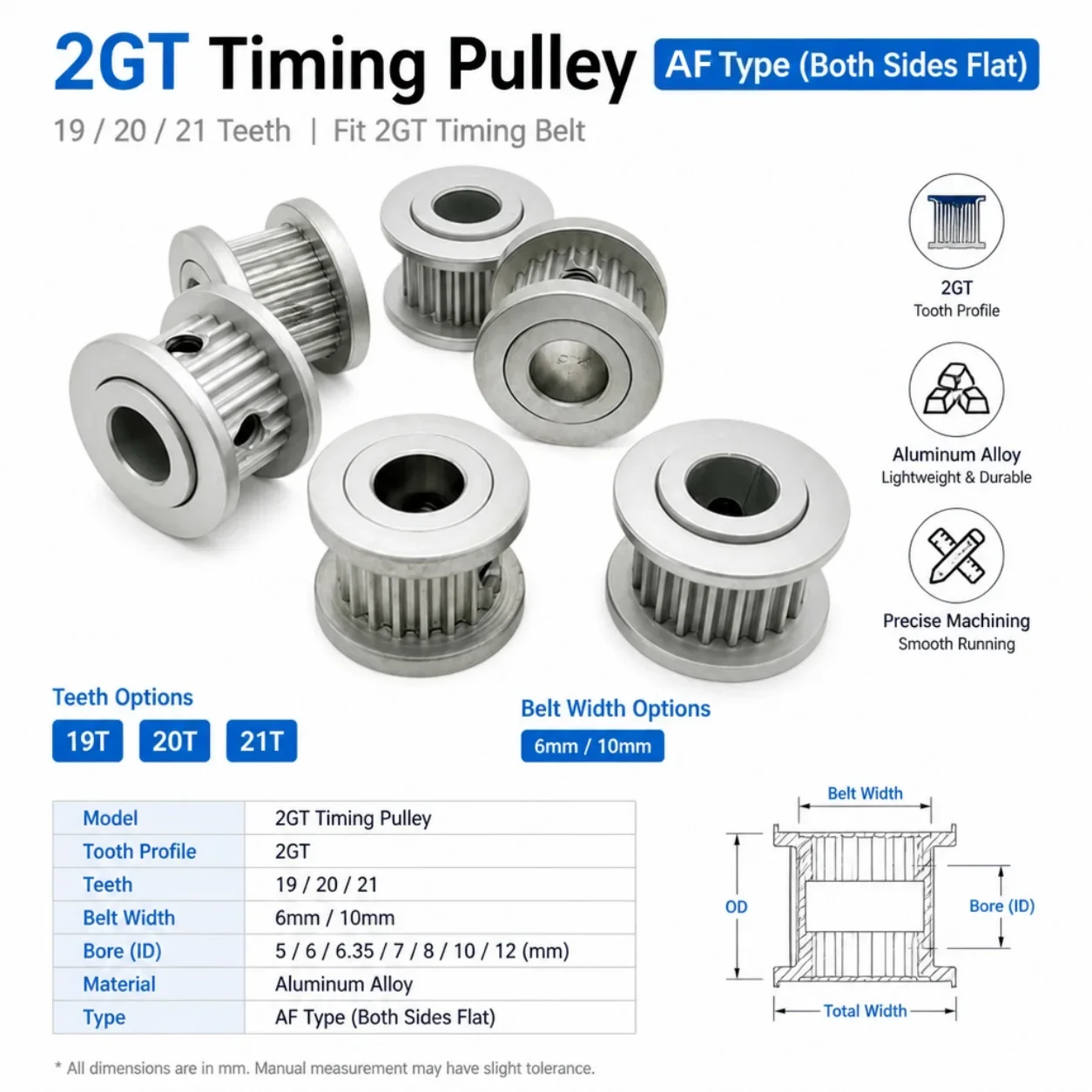 2GT GT2 AF Type 19T 20T 21T Aluminum Timing Pulley Bore 3mm 4mm 5mm 6mm 6.35mm 8mm for 6mm 10mm Belt 3D Printer CNC Pulley Wheel 6