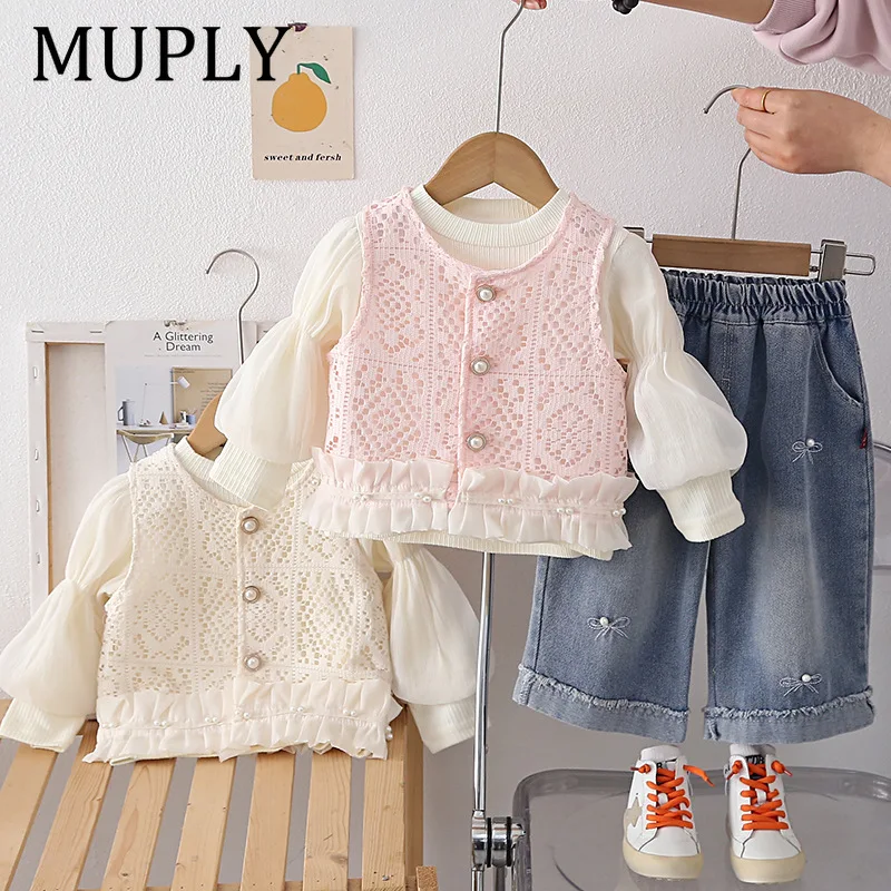 Girls Floral Shirt Knitted Vest Pink Casual Pants Three Piece Set Korean Style Spring Long Sleeve Cotton Soft Fabric