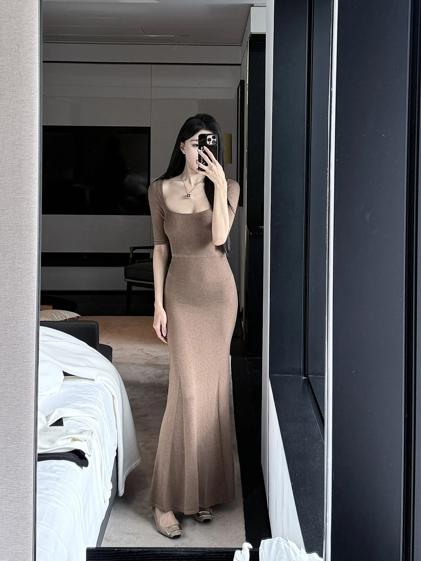 

He Chenxi Knitted Long Dr Slim Fit High Waist U-Ne f Sve Drapey Polyester Fiber Women's Dr Fi Tail Hem