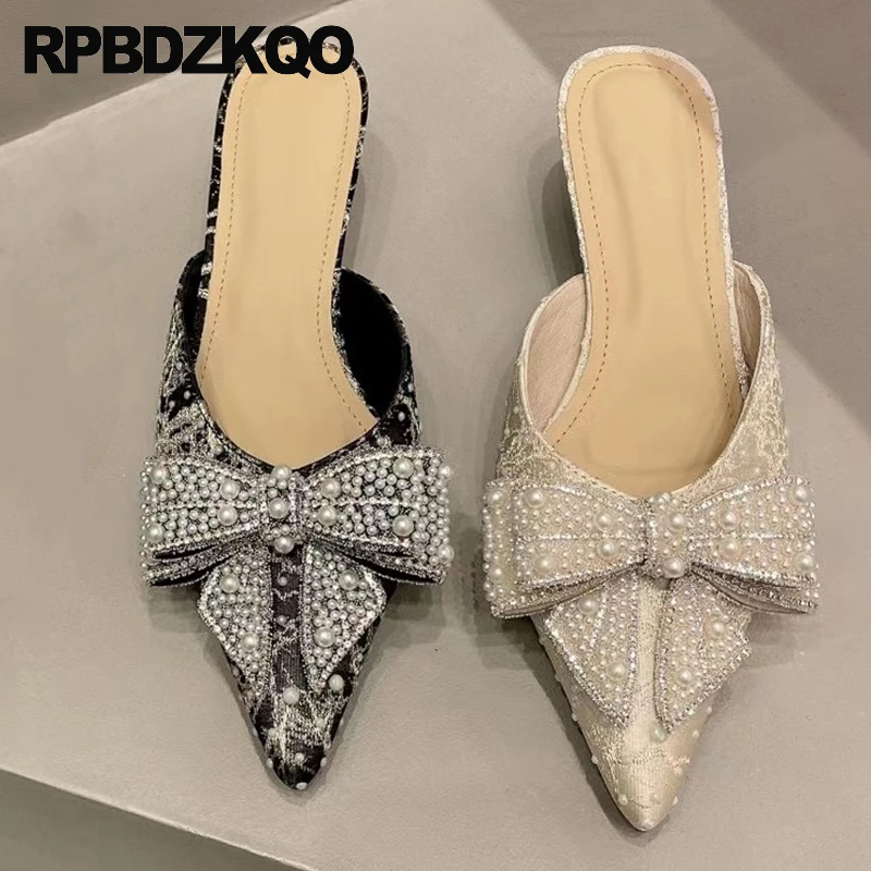 

Closed Toe Medium Heel Women Slides Rhinestone Kitten Mules Bowknot Shoes Pearl Satin Slippers Thin Half Pumps Sandals Embroided