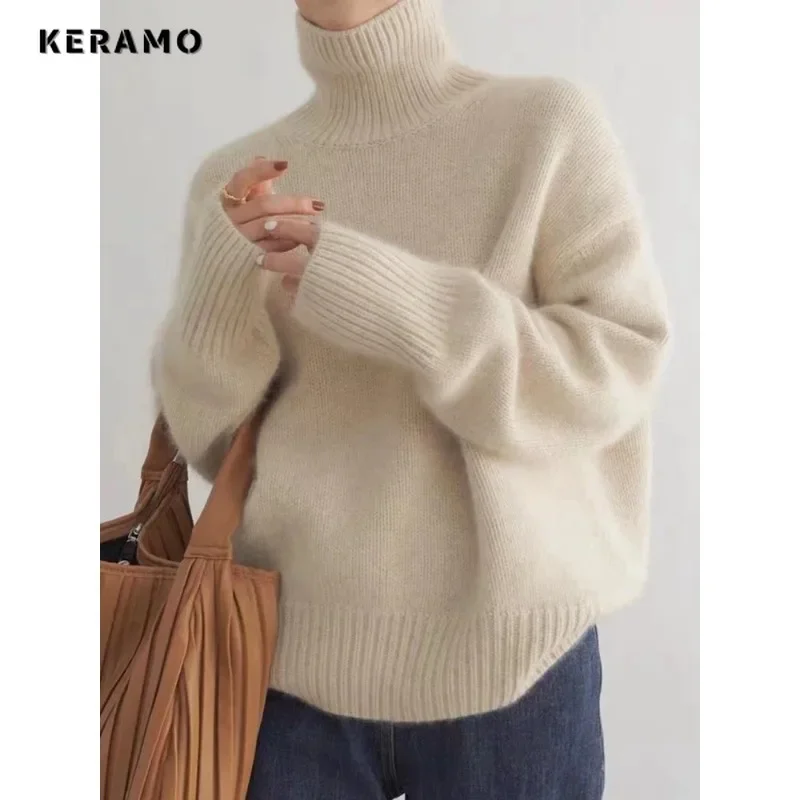 Women\'s Vintage Casual Knitting Long Sleeve Pullovers 2023 Winter Fashion Turtleneck Solid Ladies Loose Female Warm Sweater Top