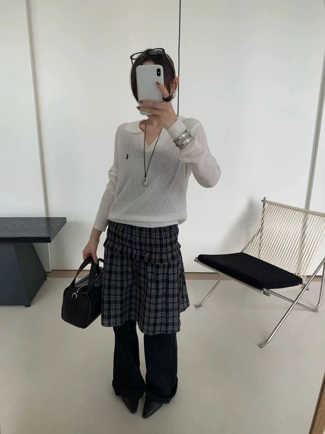

Lilian Fueeh Korean Sle Simple Match Long Sve Embroidered Knitwear Loose Collar Versatile Slimming Women's Top