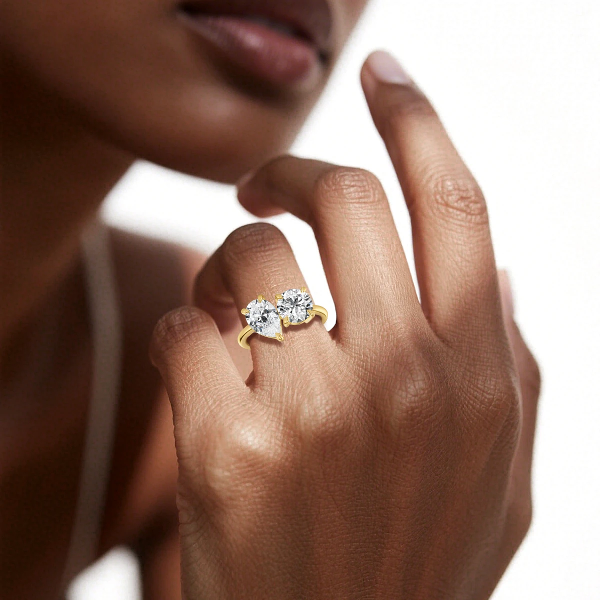 Runder Birnenförmiger Moissanit-Diamantring für Damen, Zweisteinige Eheringe, 925 Silber, 18k Vergoldet, Verlobungsschmuck – Detail 5