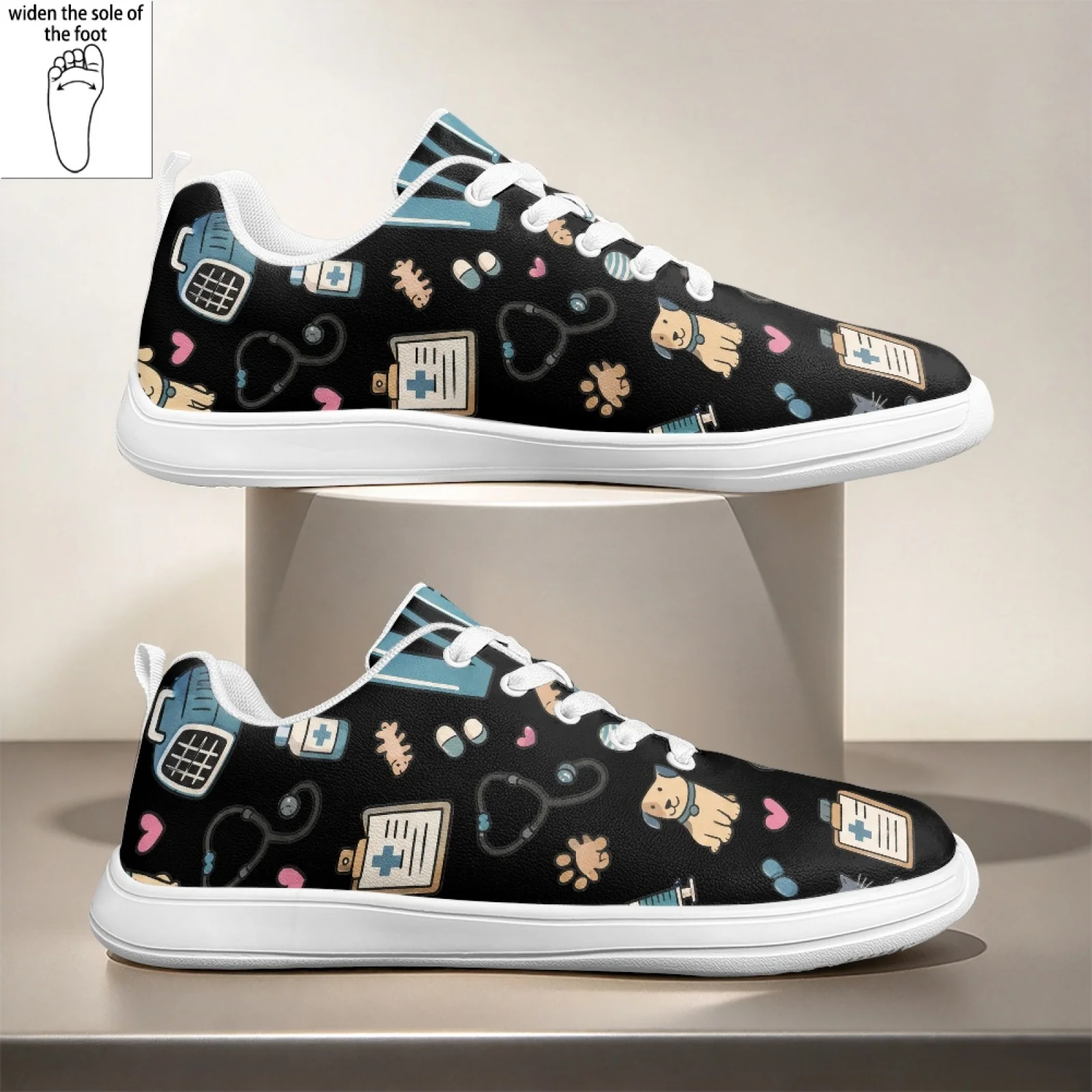 PENSTROLL Vet Cartoon Pattern Wide Width Walking Flats for Women Hospital Standing Comfortable Nursing Shoes