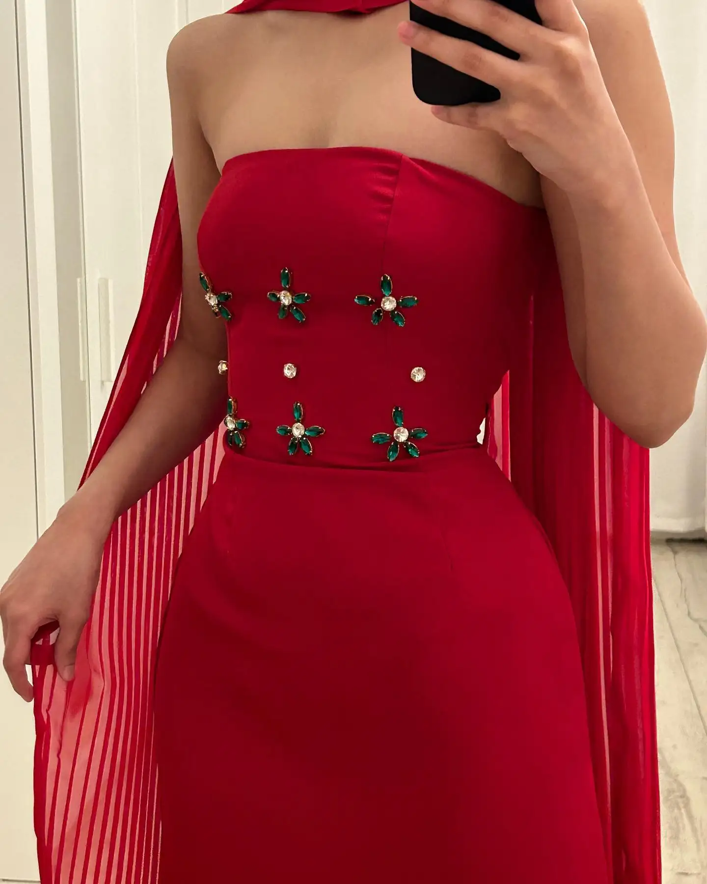 

AsaNagi Elegant Mermaid Prom Dress Women's Red Strapless Beaded Party Evening Gown Ankle Length Pleated Special Occasion Gowns