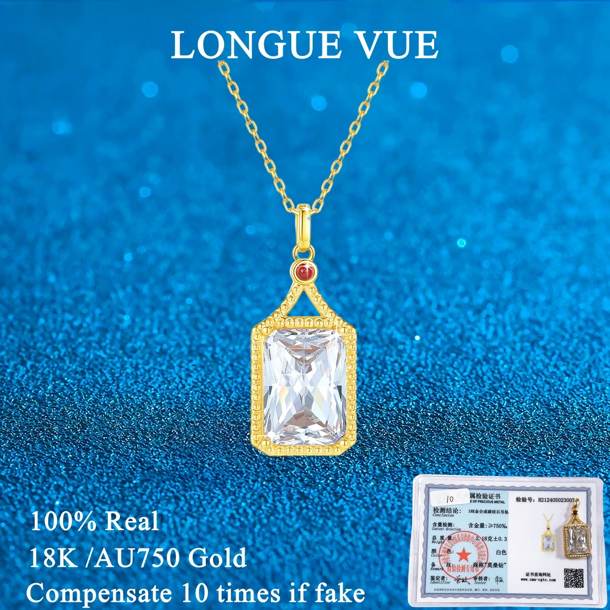 

Pure 18K Gold 10 Carats Big Rectangle Moissanite Diamond Pendant Necklaces for Women Men GRA Certificate Passed Diamond Test