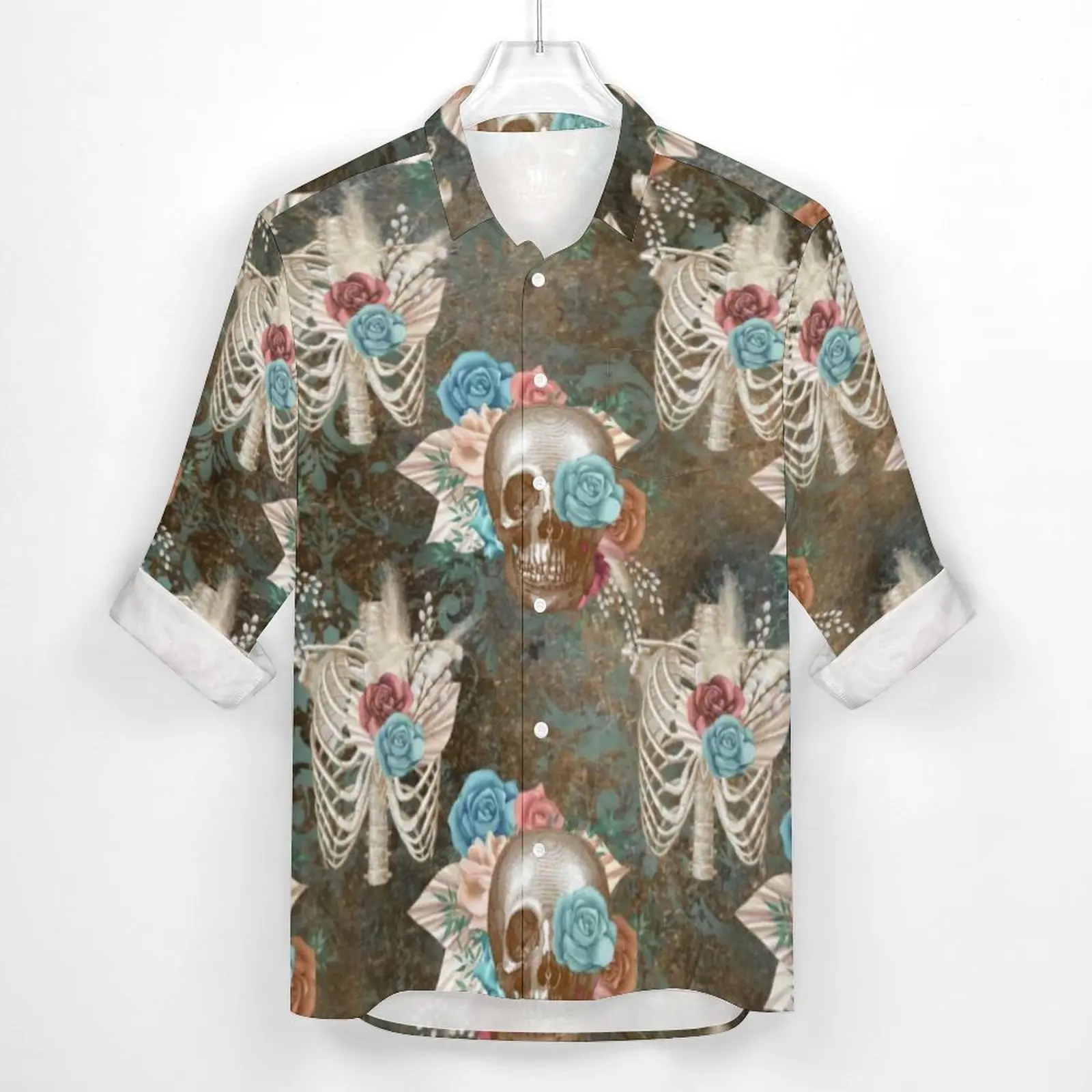 Skeleton Hippie Shirt Autumn Skull with Roses Flower Print Casual Shirts Men Retro Blouses Long Sleeve Design Stylish Clothing