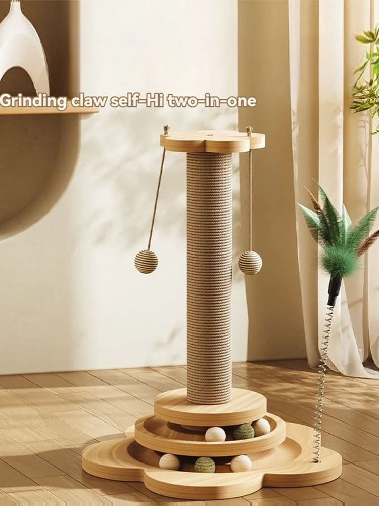 Pet Cat Toy Sisal Column Claw Grinder Cat Funny Stick Balls Scratch Resistant Board Vertical Solid Wood Turntable Cat Supplies