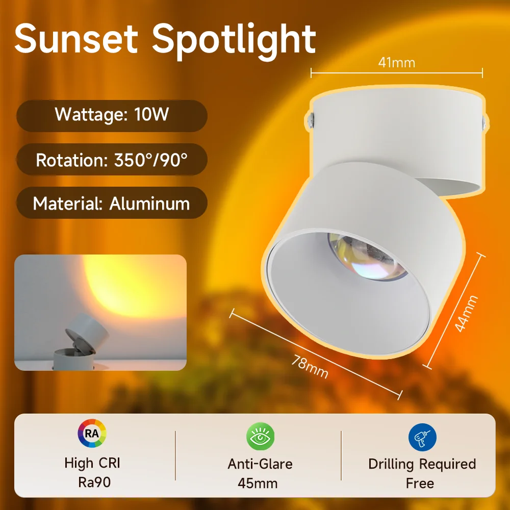 LED Sunset Spotlight Ceiling Light COB Surface Mounted Downlight Home Mood Light For Living Room Party Rainbow Downlight Decor