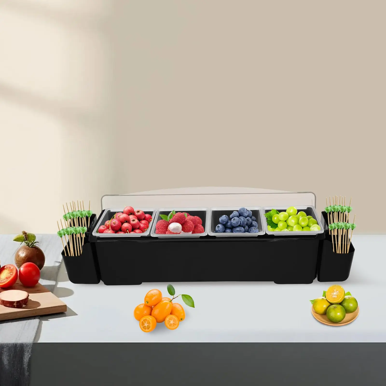 Organizador removível de frutas, dispensador de condimentos, para restaurante, suprimentos, recipiente de servir condimentos refrigerado a gelo com flip-t