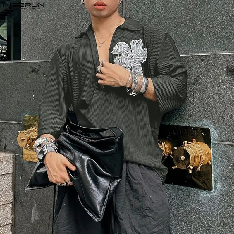 

INCERUN Мужская рубашка с цветочными лацканами и рукавами 3/4, повседневная мужская одежда больших размеров, уличная одежда, 2025 г., свободные модные мужские рубашки Camisas S-5XL