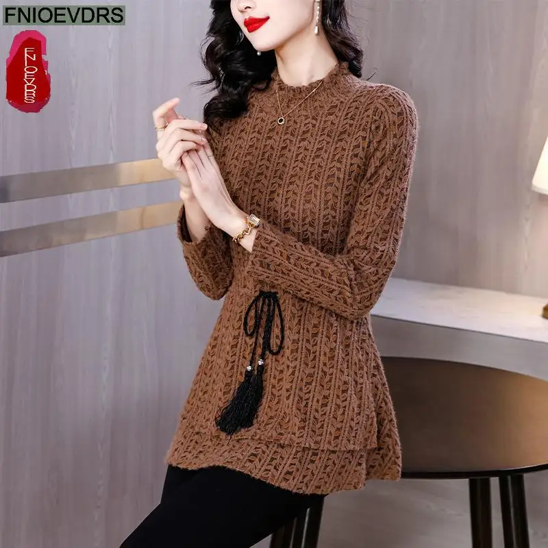 M-5XL Warm Thick Tops Women 2023 Autumn Elegant Office Lady Peplum Basic Shirts Casual Retro Vintage Drawstring Bow Tie Blouses