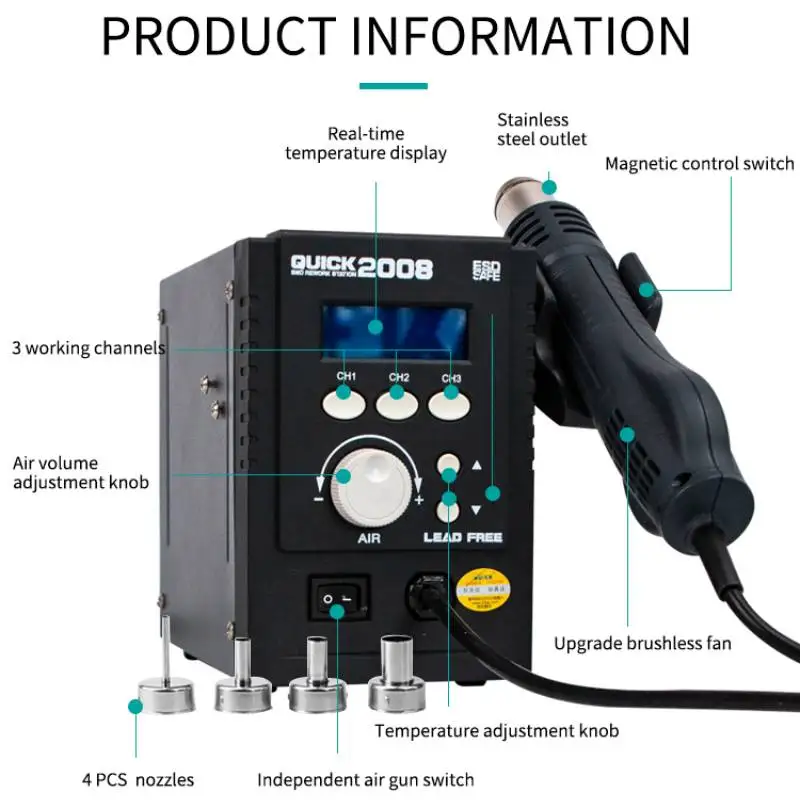 QUICK 2008 Original Heat Gun ESD Lead-Free Digital Display Welding Rework Soldering Station Mobile Phone PCB SMD BGA Air Gun