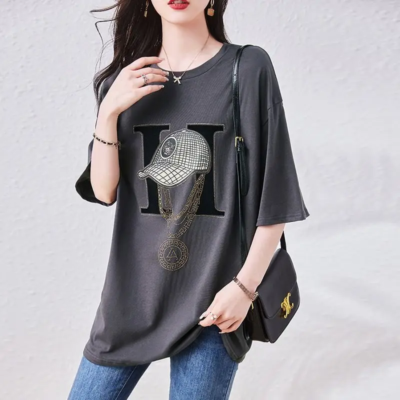 

Fashion O-Neck Letter Spliced Diamonds Blouses Women's Clothing 2025 Summer New Loose Short Sleeve All-match Tops Casual Shirts
