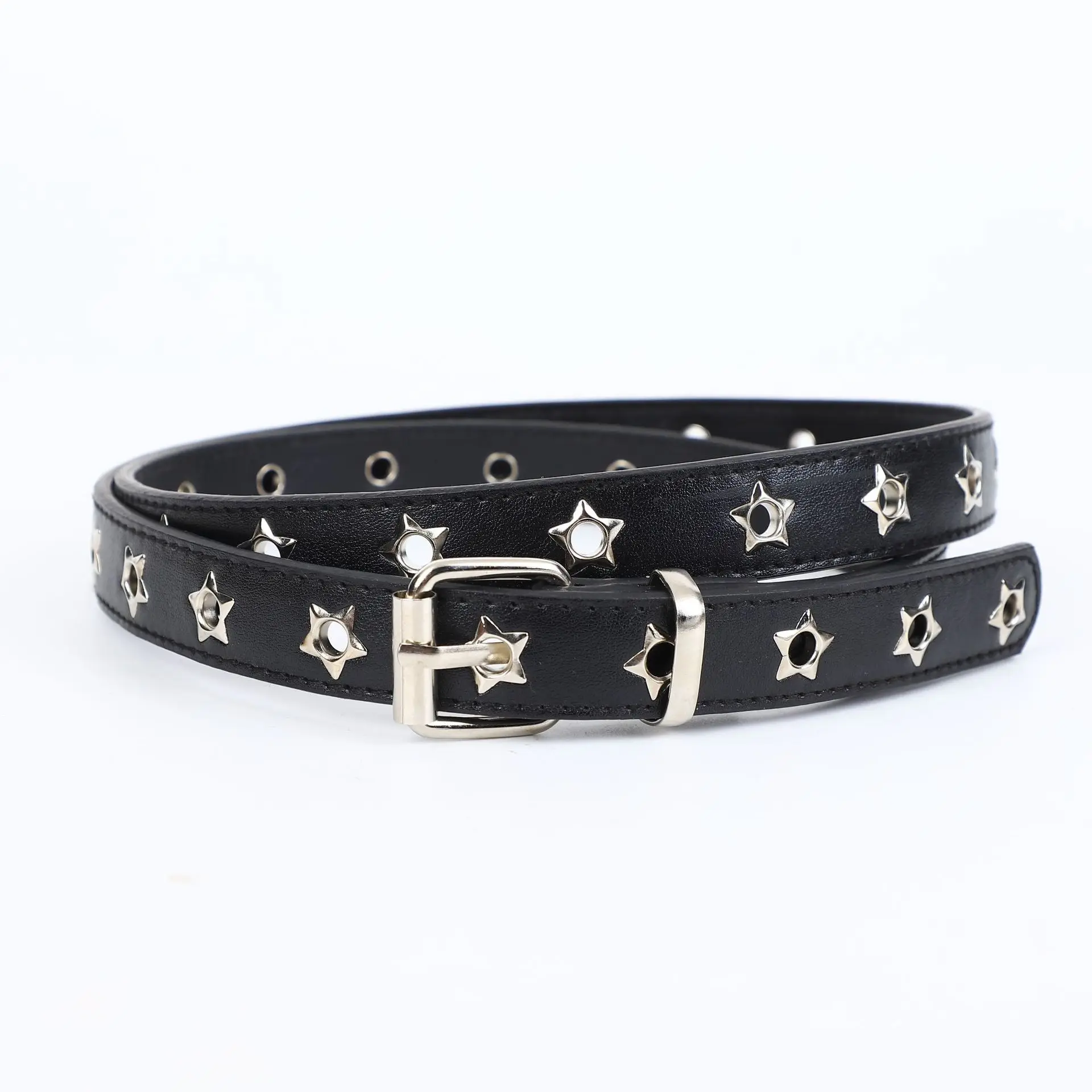 Women's Double Star Grommet Belt FOR For punk Fashion Rivet Decorated PU Strap Alloy Buckle Multiple Hole Fit Soft Durable Build