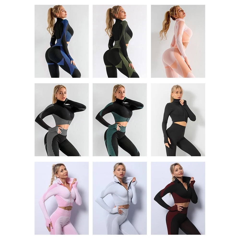

High Waist Sl Yoga Suit Set Women's Elastic Butt Lifting Tee Piece Set Knitted Long Sve Long Pants Leggings