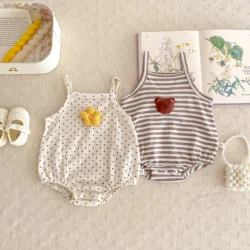 Summer Baby Boys Girls Romper Cotton Bear Print Polka Dotted Striped Infant Bodysuit 0-2 Years Old Newborn Baby Jumpsuit