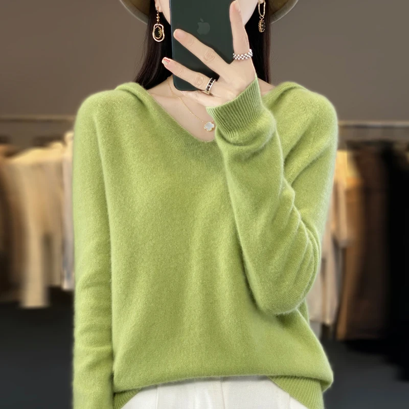 Knitted sweater cashmere sweater women\'s 100% merino wool hooded V-neck pullover winter autumn hoodie top women\'s clothing